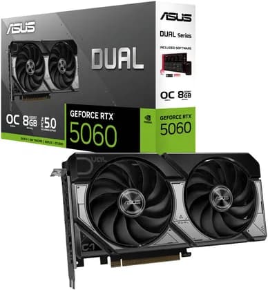 Видеокарта ASUS Dual GeForce RTX 5060 OC Edition Graphics Card, DUAL-RTX5060-O8G, 8GB GDDR7 128-Bit Memory, 2565 MHz Boost Clock, 28 Gbps Memory Speed, 3840 CUDA Cores, PCI Express 5.0 | 90YV0N12-M0NA00