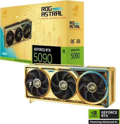 Видеокарта ASUS ROG Astral GeForce RTX 5090 Dhahab OC Edition Graphics Card, 32GB GDDR7 512-Bit Memory, 2580 MHz Boost Clock, 21760 CUDA Cores, 28 Gbps Memory Speed, Gold | 90YV0LW6-M0NM00