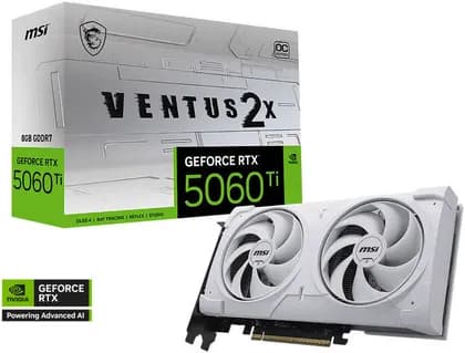 Видеокарта MSI GeForce RTX 5060 Ti Ventus 2X OC Plus Graphics Card, 8GB GDDR7 128-Bit Memory, 2602 MHz Boost Clock, 28 Gbps Memory Speed, 4608 CUDA Cores, PCI Express Gen 5, White | 912-V536-025