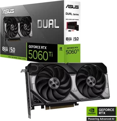 Видеокарта ASUS Dual GeForce RTX 5060 Ti Graphics Card, 8GB GDDR7 128-Bit Memory, 2572 MHz Boost Clock, 28 Gbps Memory Speed, 4608 CUDA Cores, PCI Express 5.0 | 90YV0MP3-M0NA00