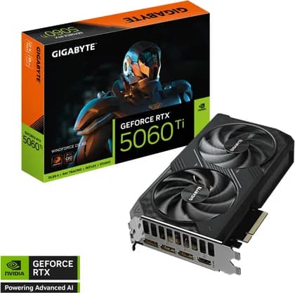 Видеокарта GIGABYTE GeForce RTX 5060 Ti WINDFORCE OC 8G Graphics Card, 8GB GDDR7 128-Bit Memory, 2587 MHz Core Clock, 28 Gbps Memory Clock, 4608 CUDA Cores, PCI-E 5.0, Black | GV-N506TWF2OC-8GD