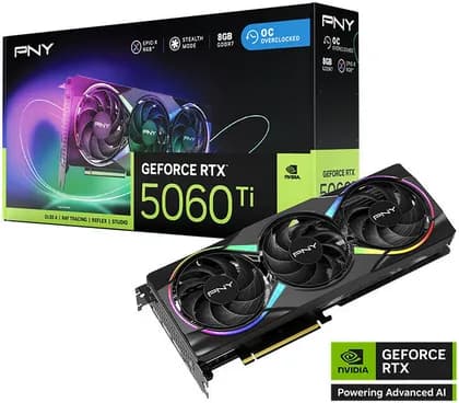 Видеокарта PNY GeForce RTX 5060 Ti 8GB EPIC-X RGB Overclocked Triple Fan Graphics Card, 8GB GDDR7 128-Bit Memory, 2407MHz Clock Speed, 4608 CUDA Cores, 8x PCI-Express 5.0 | VCG5060T8TFXXPB1-O
