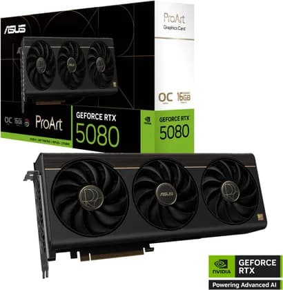 Видеокарта ASUS ProArt GeForce RTX 5080 16GB GDDR7 OC Edition 16GB Graphics Card, GDDR7 256-Bit Memory, 2700 MHz Boost Clock, 10752 CUDA Cores, 30 Gbps Memory Speed, PCI Express 5.0 | 90YV0N30-M0NM00