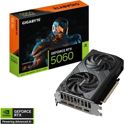 Видеокарта GIGABYTE GeForce RTX 5060 WINDFORCE MAX OC 8GB Graphics Card, GDDR7 128-Bit Memory, 2512 MHz Core Clock, 28 Gbps Memory Clock, 3840 CUDA Cores, PCI-Express 5.0 | GV-N5060WF2MAX OC-8GD
