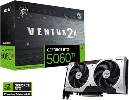 Видеокарта MSI GeForce RTX 5060 Ti VENTUS 2X OC PLUS Graphics Card, 8GB GDDR7 128-Bit Memory, 2602 MHz Boost Clocks, 28 Gbps Memory Speed, 4608 CUDA Cores, PCI Express Gen 5 x16 | 912-V536-024