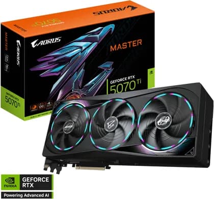 Видеокарта GIGABYTE AORUS GeForce RTX 5070 Ti MASTER Graphics Card, 16GB GDDR7 256-Bit Memory, 2670 MHz Core Clock, 8960 CUDA Cores, 28 Gbps Memory Speed, PCI-Express 5.0 | GV-N507TAORUS M-16GD