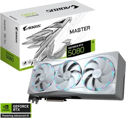 Видеокарта GIGABYTE AORUS GeForce RTX 5080 MASTER ICE Graphics Card, 16GB GDDR7 256-Bit Memory, 2805 MHz Core Clock, 30 Gbps Memory Clock, 10752 CUDA Cores, PCI-Express 5.0, White | GV-N5080AORUSM ICE-16GD