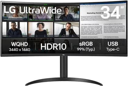 Монитор LG 34WR55QK Curved Monitor, 34" VA Display, WQHD Resolution, 100Hz Refresh Rate, 5ms (GtG @ Faster) Response Time, 16.7m Color Display,, USB Type-C with 65W Power Delivery, Black | 34WR55QK-B
