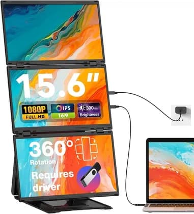 Монитор V2COM Z4 Pro Quad Laptop Screen Extender, 15.6" FHD 1080P Triple Portable Monitors, One-Button Combine to 30" Wide Display, One Cable Connection with Driver | VZ4P