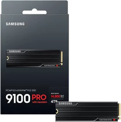 SAMSUNG 9100 PRO Heatsink PCIe 5.0 NVMe M.2 Internal SSD, 4TB Capacity, V-NAND TLC Type, Up to 14,800 MB/s Sequential Read & Up to 13,400 MB/s Sequential Write, TRIM & SMART Support | MZ-VAP4T0CW