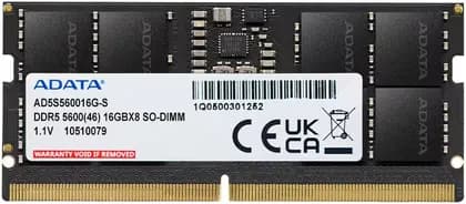 Adata DDR5 SO-DIMM Laptop Memory, 16GB Capacity, 5600 MHz Memory Speed, CL46 CAS Latency, 1.1 Voltage, On-Die Error | AD5S560016G-S