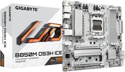 GIGABYTE B850M DS3H ICE AM5 M-ATX Motherboard, AMD B850 Chipset, 4x DDR5 DIMM Slots, Up to 256GB Max Memory, 1x PCIe 5.0 x16, 2x M.2 Slots, White | B850M-DS3H-ICE