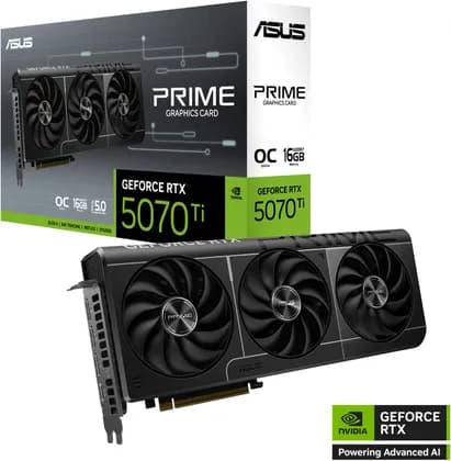 ASUS Prime GeForce RTX 5070 Ti OC Edition Graphics Card, 16GB GDDR7 256-Bit Memory, 2497 MHz Boost Clock, 8960 CUDA Cores, PCI Express 5.0 | 90YV0MF0-M0NA00