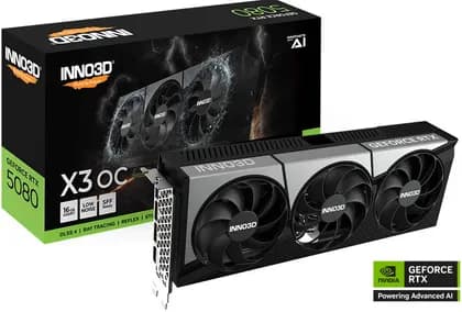 Inno3D GeForce RTX 5080 X3 OC 16GB Graphics Card, GDDR7 256-Bit Memory, 2295 MHz Base Clock, 30 Gbps Memory Clock, 10752 CUDA Cores, PCI Express Gen 5, Black | N50803-16D7X-17603930