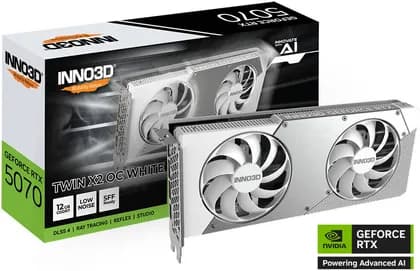 Inno3D GeForce RTX 5070 TWIN X2 OC 12GB Graphics Card, GDDR7 192-Bit Memory, 2325 MHz Base Clock, 28 Gbps Memory Clock, 6144 CUDA Cores, PCI Express Gen 5, White | N50702-12D7X-195064W