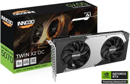 Inno3D GeForce RTX 5070 TWIN X2 OC 12GB Graphics Card, GDDR7 192-Bit Memory, 2325 MHz Base Clock, 28 Gbps Memory Clock, 6144 CUDA Cores, PCI Express Gen 5 | N50702-12D7X-195064N