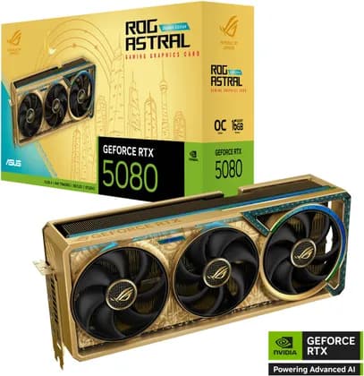 ASUS ROG Astral GeForce RTX 5080 Dhahab CORE OC 16GB Graphics Card, GDDR7 256-Bit Memory, 2760 MHz Boost Clock, 10752 CUDA Cores, 30 Gbps Memory Speed, Gold | 90YV0LV6-M0NM00