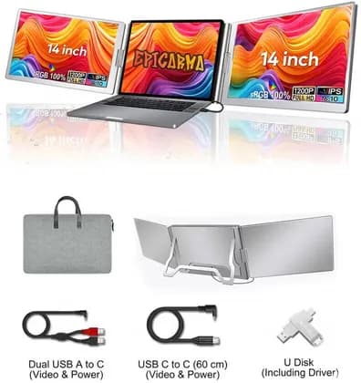 EpicArma Portable Triple Screen Monitor 14" FHD IPS 100% sRGB | Foldable Laptop Screen Extender with 360° Adjustable Display, Silver | EA-PTMS688PRO-GY