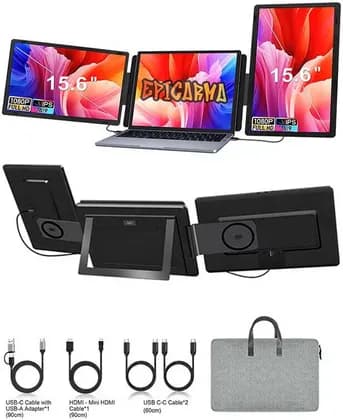 EpicArma 15.6" Portable Triple Screen Monitor Extender FHD IPS, USB-C HDMI Dual Display for Laptop Windows Mac | EA-PTMS9H-BK