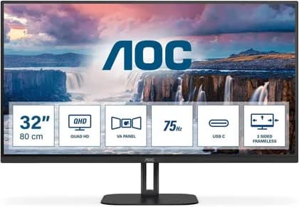 AOC Q32V5CE 31.5'' QHD VA Flat Monitor, 75Hz Refresh Rate, 1ms Response Time, 16.7M Colors, 2560x1440 Resolution, 5W x 2 Speaker, 16:9 Aspect Ratio, Low Blue Mode, USB HUB, Black | Q32V5CE