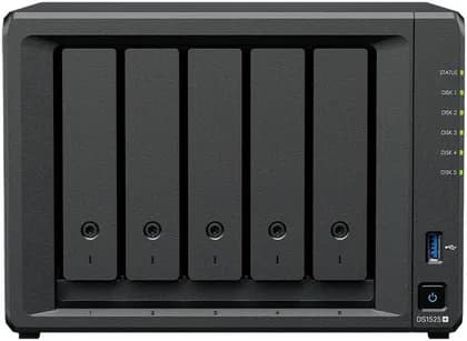 Synology DiskStation DS1525+ NAS Enclosure, AMD Ryzen V1500B, 8GB RAM, 5 Drive Bays, 3.5" SATA HDD, 2.5" SATA SSD & M.2 2280 NVMe SSD Support | DS1525+