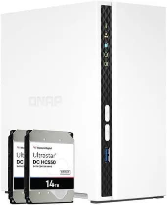 QNAP TS-233 2 Bay 28 TB Desktop NAS with 2 x 14TB Ultrastar (HGST) HC550 SATA 6Gb/s HDD, 2GB RAM On Board, 2 x 3.5 Inch SATA 6Gb/s Drive Bay, ARM Processor, Power, Gigabit Ethernet