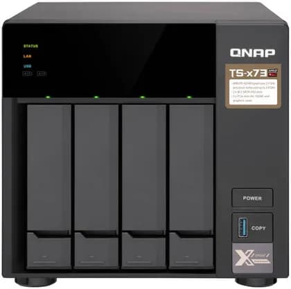 QNAP 4-Bay NAS, AMD R-Series RX-421ND 4-core 2.1 GHz processor (Turbo Core to 3.4 GHz), 4 GB SODIMM DDR4 (2 x 2 GB), 3.5"/2.5" SATA HDD & 2.5" SATA SSD Compatible, Black | TS-473-4G