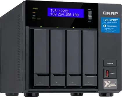 QNAP 4 Bay Thunderbolt NAS Enclosure, Intel Pentium G5400T Dual-Core 3.1 GHz, With 4GB RAM, 10GbE, Gigabit Ethernet, M.2 PCIe NVMe SSD Slots, Up to 1158 MB/s File Transfer Speeds, Black | TVS-472XT