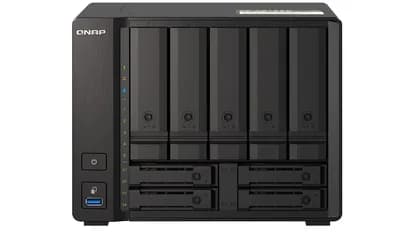 QNAP TS-h973AX 9-Bay NAS Enclosure, AMD Ryzen V1500B 2.2 GHz, 8GB DDR4 RAM, 5 x 3.5" and 2 x 2.5" SATA Drive Bays, 10GbE/2.5GbE, USB 3.2 Type-C & Type-A, QuTS Hero 4.5 OS, Black | TS-H973AX-8G
