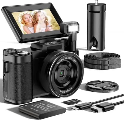 Kialloy 4K Digital Camera for Photography Autofocus,1300W with 3'' 180° Flip Screen 16X Anti-Shake 5K Camera Compact Cameras with SD Card, Flash, Black, With tripod, Battery & Charging Stand | R2