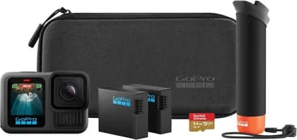 GoPro Hero13 Accessory Bundle Action Camera, 27.6MP Active Pixels, Includes The Handler, 2 Enduro Batteries, 2 Curved Adhesive Mounts, 64GB SanDisk MicroSD Card, & Carrying Case, Black | CHDRB-131-TH