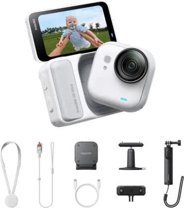 Insta360 GO Ultra Creator Bundle, 1/1.28" Sensor Size, 5nm AI Chip, 2.5" Flip Touchscreen Display, Built-In Magnetic Mounting Point, Hands-Free POV, Remote Control & Playback, White | GO-ULTRA