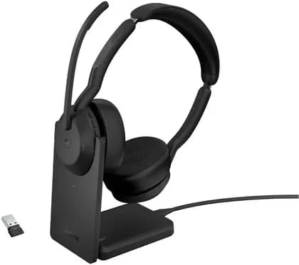 Jabra Evolve2 55 Link380a USB-A MS Stereo Wireless Headset with Stand, 28mm Driver Size, Active Noise Cancellation, Built-In Mic, Up to 18 Hours of Battery Life, USB-A , Black | 25599-999-989