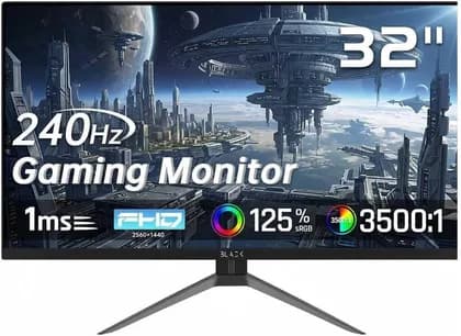 Black Gaming Monitor 32" QHD 2560x1440 IPS Panel, 240Hz, 1ms, RGB Backlight, FreeSync Premium, DisplayPort/HDMI, PC Monitor for Gamers RGB Backlight, Black | BGM-VS32-240