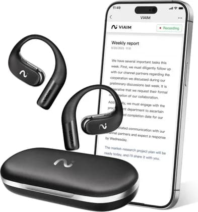 viaim OpenNote Earbuds, High-Polymer Racetrack-Shaped Dynamic Drive, 4 Microphones, Bluetooth 5.3, 35 Hours Battery Life, 0.8mm Resilient Memory Frame, 7m Working Range, Black | OpenNote