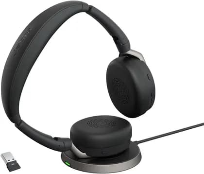 Jabra Evolve2 65 Flex MS Stereo Headset, Wireless Charging, Hybrid Active Noise Cancellation, 28mm Driver Size, Built-In Microphone, USB-A Dongle, Black | 26699-999-989