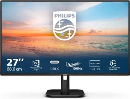 Philips 1000 Series Monitor, 27" IPS Display, FHD Resolution, 100Hz Refresh Rate, 1ms (MPRT) Response Time, 16.7m Color Display, SmartImage Game, Mega Infinity DCR, Flicker Free, Black | 27E1N1300A