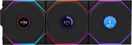 Lian-Li UNI FAN TL120 LCD Wireless Case Fan, 120mm Fan Size, 1900 RPM Fan Speed, 62 CFM Fan Airflow, Fluid Dynamic Bearing Type, PBT & PA66 Material, Pack of 3, Black | 12TLLCD1W3B