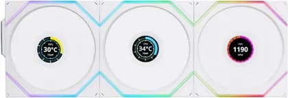 Lian-Li UNI FAN TL120 LCD Wireless Case Fan, 120mm Fan Size, 1900 RPM Fan Speed, 62 CFM Fan Airflow, Fluid Dynamic Bearing Type, PBT & PA66 Material, Pack of 3, White | 12TLLCD1W3W