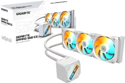 GIGABYTE Gaming 360 Ice Liquid CPU Cooler, 360mm Radiator, 3x 120mm ARGB Fan, 2200 RPM Fan Speed, 61.61 CFM Max Airflow, FEP Tube with Nylon Sleeve Material, White | GME-360I