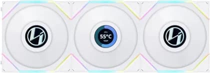 Lian Li Uni Fan TL 120 Case Fan, 1.6” LCD, 120mm Fan Size, 1900 RPM Fan Speed, 62 CFM Airflow, PA66 / PBT Materials, Fluid Dynamic Bearing, Triple Pack, W/ Controller, White | G99.12TLLCD3W.00
