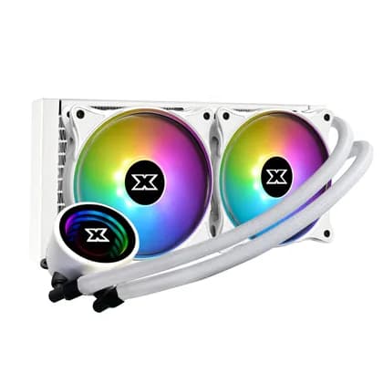 XigmaTek Aurora Arctic 240 Illuminated Pump Head, 2xAT120 Fan, Metal Backplate AIO Liquid Cooler - White | EN44337