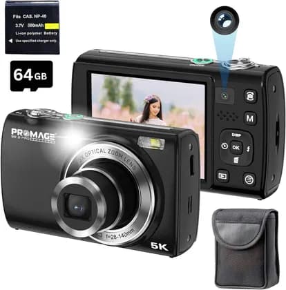 PROMAGE 5K Digital Camera, 64MP Dual Lens, 64GB Card, 5X Optical Zoom, Touch Screen Compact Point & Shoot Camera with Autofocus, Black | PC275-BLK