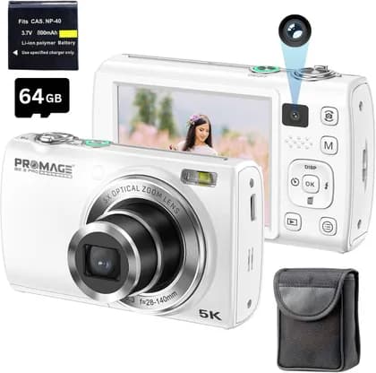 PROMAGE 5K Digital Camera, 64MP Dual Lens, 64GB Card, 5X Optical Zoom, Touch Screen Compact Point & Shoot Camera with Autofocus, White | PC275-WHT