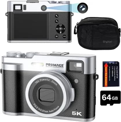 PROMAGE 5K Digital Camera for Photography & Vlogging, 64MP Compact Travel Camera with 2.8" Flip Screen, USB Type-C, Anti-Shake, YouTube Camera for Adults & Kids, Black | PC225-BLK
