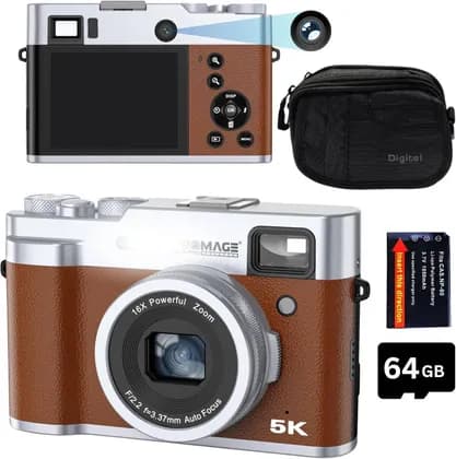 PROMAGE 5K Digital Camera for Photography & Vlogging, 64MP Compact Travel Camera with 2.8" Flip Screen, USB Type-C, Anti-Shake, YouTube Camera for Adults & Kids, Brown | PC225-BR