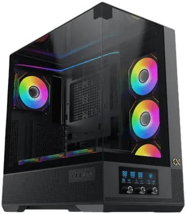 Xigmatek Vision E-ATX Computer Case, 1x G24A + 6x G24A Reverse Pre-Installed Fans, 360mm Radiator Support, LCD Display Panel, 7 Expansion Slots, 3 Tempered Glass Panel, Black | EN45196