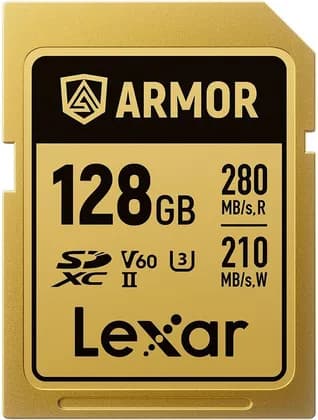 Lexar PRO Gold Series Armor 128GB UHS-II SDXC Card, R280/W210MB/s, IP68 Waterproof, Shockproof, High-Speed Memory Card for DSLR, Mirrorless Cameras & 6K/4K Video Recording, Gold | LSDAMGL128G-RNNNG