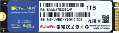 TwinMOS AlphaPro PCIe NVMe Gen 3.0x4 SSD, 1TB Capacity, M.2 2280 Form Factor, Up to 3600 MB/s Read & 3250 MB/s Write, TLC 3D NAND, 1000TB Endurance, Black | NVMe1TB2280AP