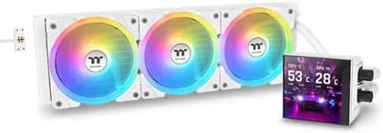 Thermaltake MAGFloe 420 Ultra ARGB Sync AIO Liquid Cooler, 3.95" LCD Display, 420mm Radiator, 3x 140mm SWAFAN EX ARGB Fans, 3300 RPM Fan Speed, 81.6CFM Fan Airflow, Snow | CL-W452-PL14SW-A